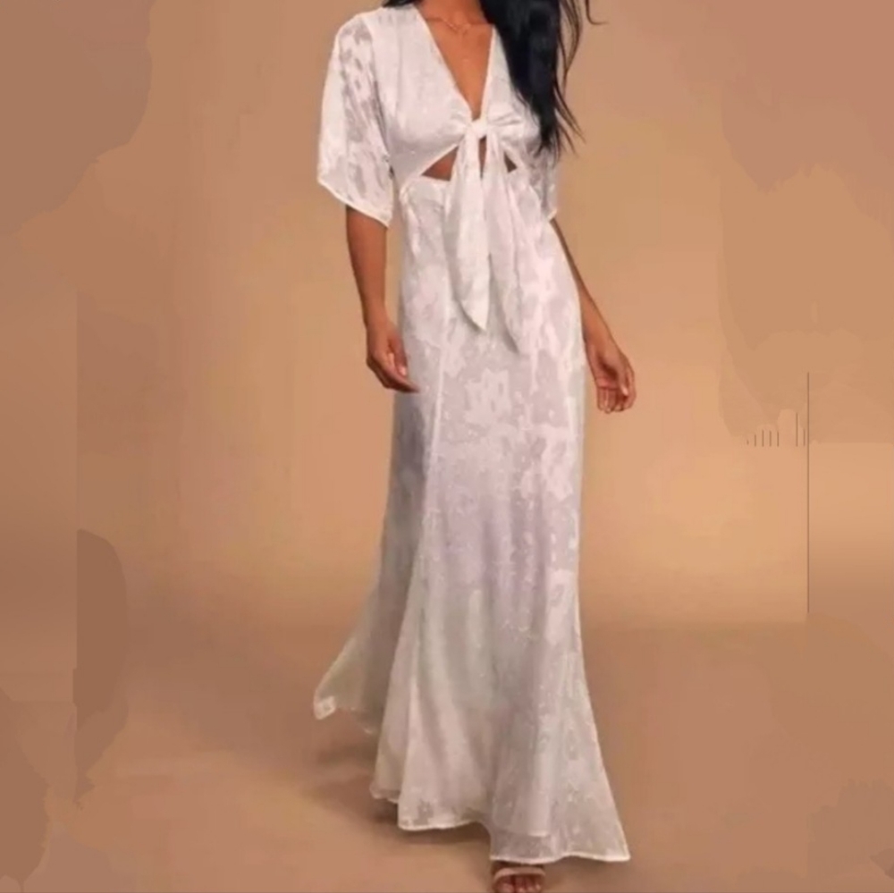 🏷️Hutch X Anthropologie Luciana White Jacquard Twist Knot Maxi Dress Size 8